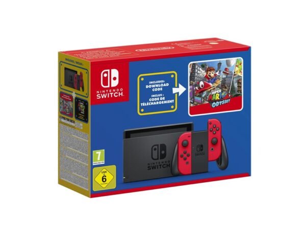 Console Nintendo Switch rouge + Code de téléchargement Super Mario Odyssey  + autocollants Super Mario Bros.