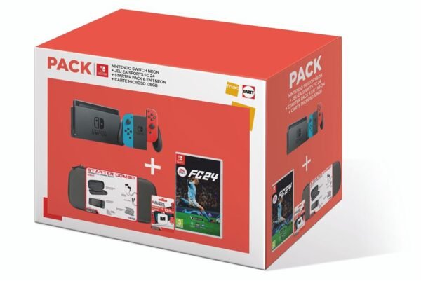 Pack Console Nintendo Switch Rouge et Bleu Néon + Jeu EA Sports FC 24 + Starter Pack 6 en 1 Néon + Carte – Image 2